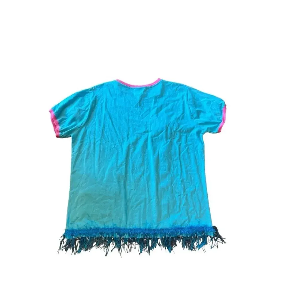 Vintage LAT‎ XL Blue Flower Beaded Tassel Pocket Tee T-Shirt